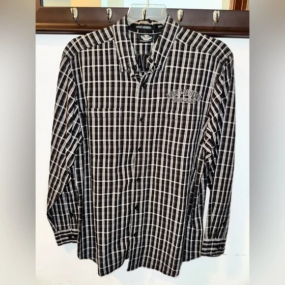 Harley-Davidson Mens Flames Embroidered Plaid Long Sleeve Size Large - Picture 2 of 8